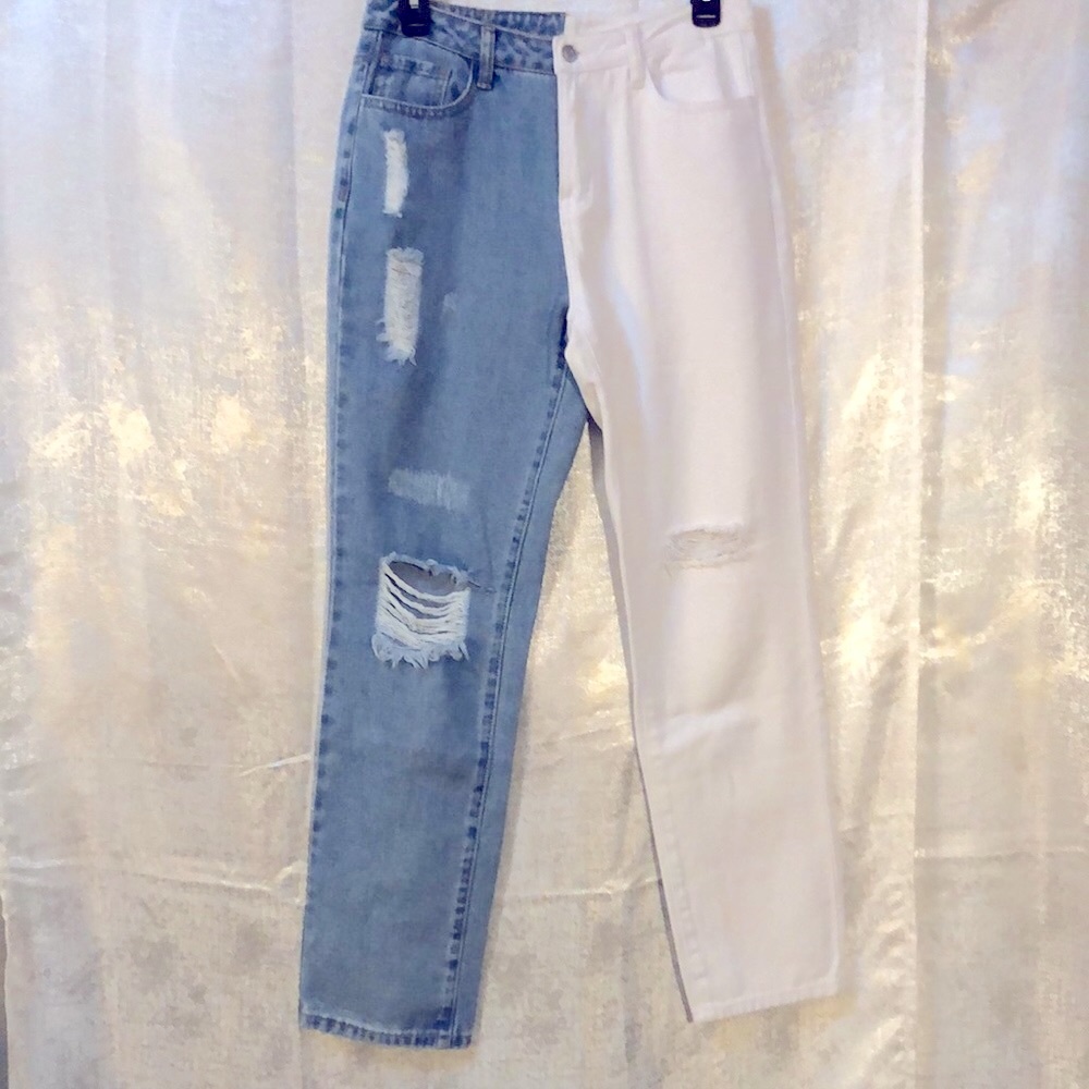 Shein color block denim jeans half blue denim half white denim skinny jeans med